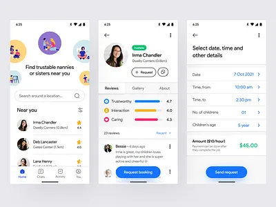 Nanny finding app 👧👶 app ui baby stting babysitting clean ui crowwwn design challenge gouthamgtronics inspired by google mobile app design nanny nanny finding ui