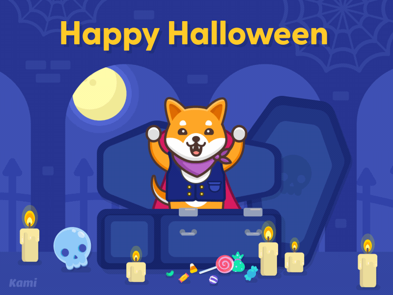 Happy Halloween from Kami animation bats candles candy coffin creepy cute dog flat design halloween happy halloween illustration kami motion graphics shiba inu skull spooky vampire vector art vector illustration