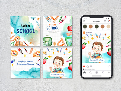 Back to School Watercolor Instagram Post Template back to school layout social media template watercolor