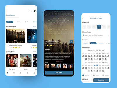 Movie Ticket App UI Design app design booking branding cinema clean design concept design mobile app movie movie app ticket ticket booking ui ui design uiux user interface