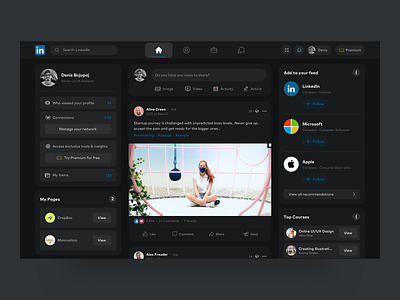 LinkedIn - UI Dark Layout animation branding creative design linkedin linkedin redesign minimal redesign social media ui userexperience ux web design