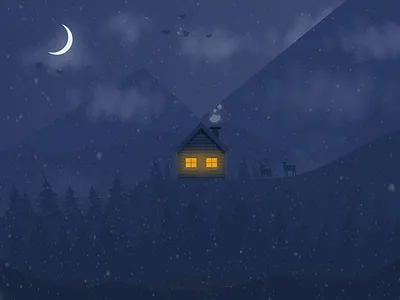 Cozy Cottage blue christmas clouds cottage dark deer depressing illustration moon mountains nature raindeer sky snow snowy stars winter