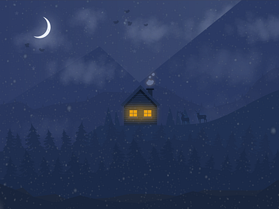 Cozy Cottage blue christmas clouds cottage dark deer depressing illustration moon mountains nature raindeer sky snow snowy stars winter