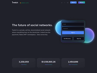 Twetch Landing Page UI Product Design bitcoin blockchain branding crypto glassmorphism landing page product design thumbnail twetch ui unfurl ux website