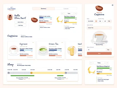 Caffeine Tracker Dashboard & UI Elements addiction caffeine tracker coffee dashboard design health health tracker illustration ui ux website
