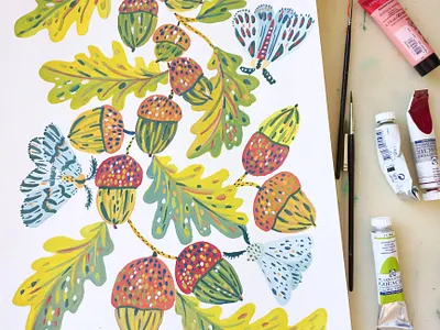 Moths and Acorns art drawing gouache hand drawn illustration nature painting pattern repeat