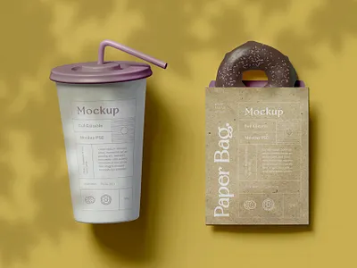 Paper Cup with Bag and Donut Mockup bag branding breakfast coffe design donut mockup food food mockups free freebie identity illustration mockup paper cup pastry photoshop psd scene scene psd snack