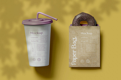 Paper Cup with Bag and Donut Mockup bag branding breakfast coffe design donut mockup food food mockups free freebie identity illustration mockup paper cup pastry photoshop psd scene scene psd snack