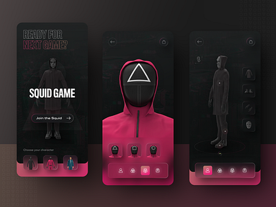 Squid Game app - mobile interaction flow concept 3d animation darkmode gameui gradient graphic design motion graphics neumorphic neumorphism squidgame ui