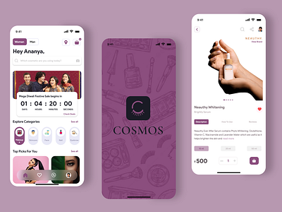 COSMOS • Cosmetics • Mobile UI Design beauty branding concept cosmetics cosmos design face home influencers ios logo make up male minimal mobile product skincare splash sterotypes