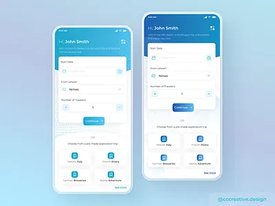 Two UI options for a Travel App branding design clean clean interface color pops design interface modern ui ui design ux ux design