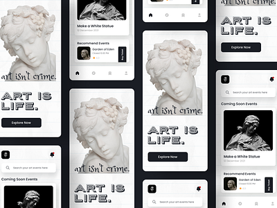 Artemiz - Art Event Mobile App Design🎨 abstract art blackwhite events illustration mobileapps statue surealism ui uiuxdesign website