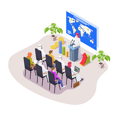 Conference With Arab Businessman 3d arab business cartoon concept graphic design illustration inside isometric lowpoly teamwork vector