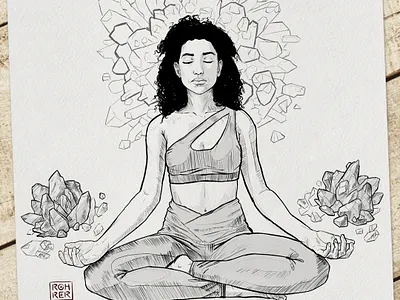 Yoga Girl with Crystals art art print black and white drawing illustration ink lineart meditation sketch sketches