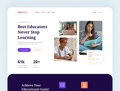 EduHub-Online Learning Landing Page 2021 branding clean courses creative design e learning education website homeschooling learningathome online learning onlineclasses onlinecourses onlineteaching school teaching training uiux uiuxshuvon web site