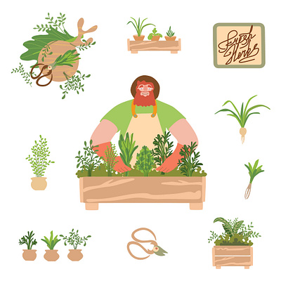 Gardener tending herbs botanical character gardener graphic design green illustration logo