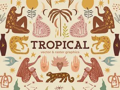 Tropical Bundle abstract adorkable african animals boho brasil bundle design doodle doodles funny illustration jungle leopard modern naive art neutral tiger vector woman