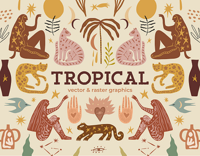 Tropical Bundle abstract adorkable african animals boho brasil bundle design doodle doodles funny illustration jungle leopard modern naive art neutral tiger vector woman