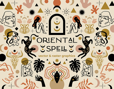 Oriental Spell Bundle abstract abstract shapes boho bundle design illustration line art magical modern moonchild neutral spell tropical vector wild witchcraft