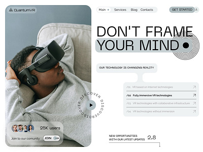 QuantumVR : Website for Virtual Technologies clear navigation design concept digital future tech futuristic immersive experience innovation landing page modern design online marketing tech ui design user engagement vr vr headset vr technology vr vision web design website white mode