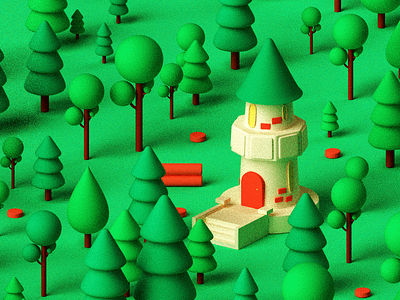 Forest castle 3d c4d castle color contrast fairy tale forest grassland green illustration