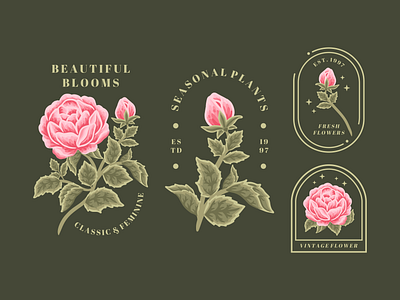 Flower Logo Element Set: Blooming Roses aesthetic beauty bloom blossom botanical botany brand branding digital art feminine floral flower flower illustration illustration label logo nature peony rose template