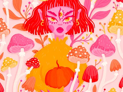 Mushroom Magic 🍄✨ autumn draw this in your style dtiys fall fall colors flat design girl illustration magic mushroom orange pink pretty procreate pumpkin vector illustration vibes warm colors witch yellow