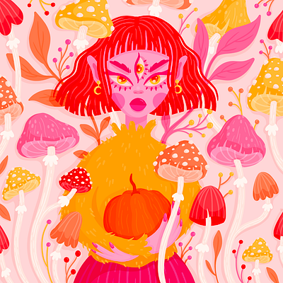 Mushroom Magic 🍄✨ autumn draw this in your style dtiys fall fall colors flat design girl illustration magic mushroom orange pink pretty procreate pumpkin vector illustration vibes warm colors witch yellow