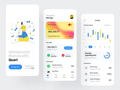 Quari Finance Manager app ui application clean expense manager finance finance app manager minimal design mobile app design mobile banking mobile design payment payroll ui ux design