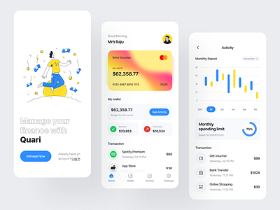 Quari Finance Manager app ui application clean expense manager finance finance app manager minimal design mobile app design mobile banking mobile design payment payroll ui ux design