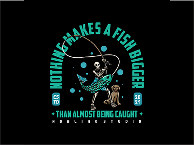 Skull Get Bigfish With Her Dog animals badge bigfish cartoon daily distressed dogbite fishing fishinglife illustration logo old out retro rules tricked tshirt design vintage wild