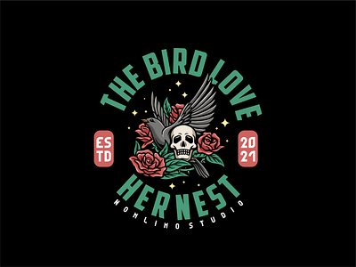 Skull Head In Sweet Nest animal badge bird cartoon distressed flower fly head illustration logo old retro romantic rose skull sweet tshirt design typography vintage