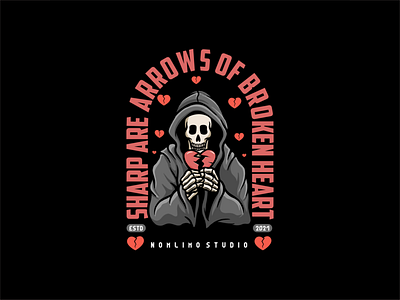 Reaper Feel Broken Hearted alone badge bring broken cartoon distressed hand hold hurt illustration logo love old reaper retro sadness tshirt design typography vintage