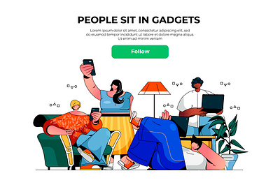 People Sit in Gadgets Web Illustration cartoon character communication concept design flat gadget homepage illustration landing media network page people person scene social vector web website
