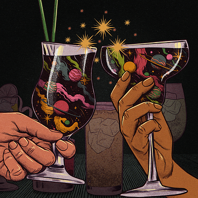 Cheers cheers cocktail comics cosmos drawing drink hands illustration magazine planets space texture