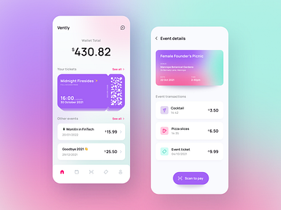 Vently | Events wallet app app app ui figma fintech gradients mobile app mobile wallet payment app payment history product design ticket ui uidesign