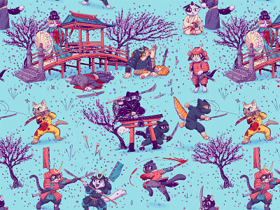 Samurai Cats blood cats character character design cherry blossom design drawing fight graphic illustration ninja pattern pattern illustration retro samurai textile design texture