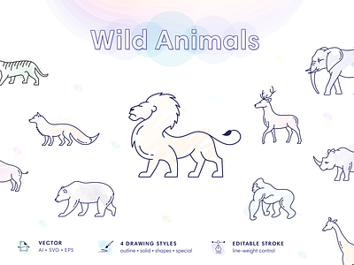 Wild Animals (vector icons) animal antelope bear boar branding clean deer design elephant fox giraffe gorilla graphic design icons illustration lion logo minimal rhino tiger