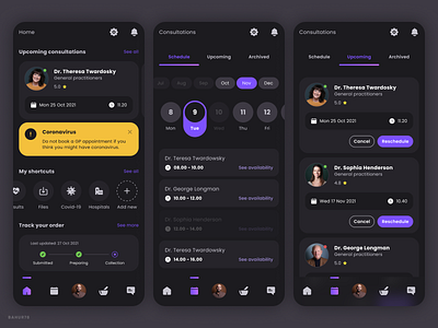 Medical Consultation - Mobile App android app app appointment booking consultation covid 19 dark ui design doctor figma health health app ios app medication medicine schedule ui ux uxui