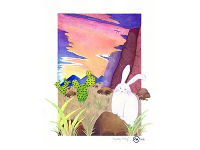 Chubby Bunny bunny chubby desert gouache illustration landscape rabbit sunset watercolor white