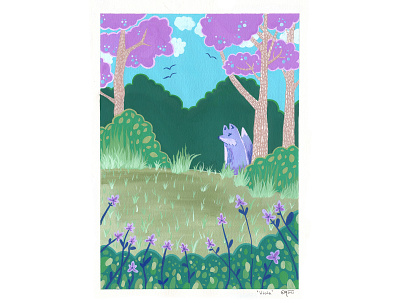 Viola botanical fox gouache illustration landscape painting