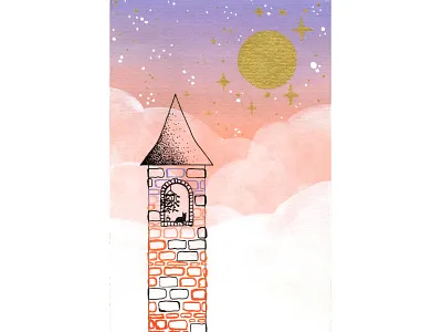 Castle Tower in the Sky castle clouds fantasy gouache illustration moon painting stars sunset tower witchy
