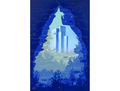 City Beyond the Reef city coral fantasy gouache illustration painting reef seascape underwater
