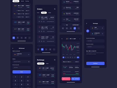 Trading cryptocurrency ui kit design app app design bitcoin clean crypto crypto wallet cryptocurrency dark ethereum exchange minimal mobile mobile app swap trade trading app ui ui kit ux wallet