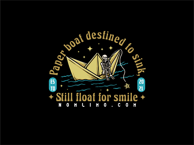 Skull Fishing On Paperboat And Get A Stars alone badge boat cartoon chil distressed enjoy fishing hope illustration logo night old paper retro skull stars tshirt design typography vintage
