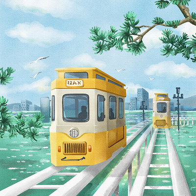 Haeundea,Busan busan haeundae beach illustraion illustrator railway train watercolour