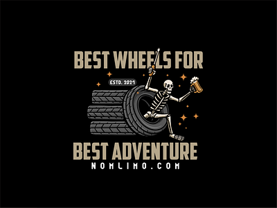 Skull Enjoy Wheels Repair badge beer cartoon cheers chill distressed drink enjoy illustration logo mechanic old out repair retro skull tshirt design typography vintage wheels