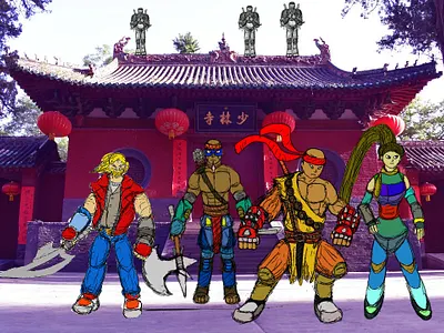 Temple Warriors in progress 2d artwork assassin brawler combat defend fighter foreign graphic design illustration martial artist native american ninja photoshop protect shinobi temple urgent war warrior
