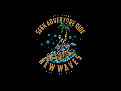 Skull Surfing With Wolves adventure badge beach cartoon distressed enjoy fast illustration logo old retro skull speed surfing tshirt design typography vintage water wave wolf