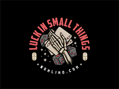Skull Hand Hold Cards And Big Dice badge big cartoon dice distressed games hand holds illustration logo lucky old play retro rolling rope things tshirt design typography vintage